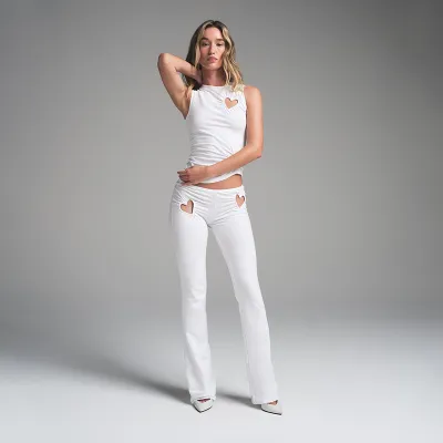 Women Solid Color Summer Round Neck Pullover Tank Top Hollow Heart Low Waist Pants Set