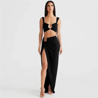 Women Sexy Crop Top Side-Slit Skirt Set