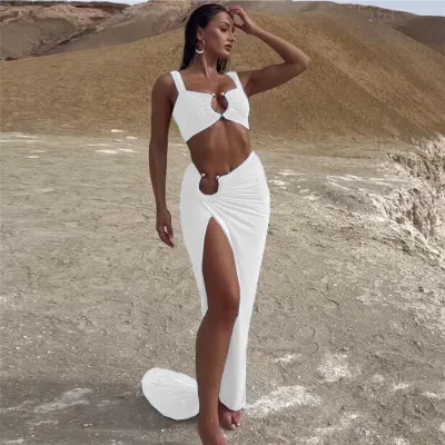 Women Sexy Crop Top Side-Slit Skirt Set