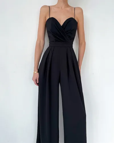 Women's Elegant Solid Color Pleated Spaghetti Strap Loose Jumpsuit