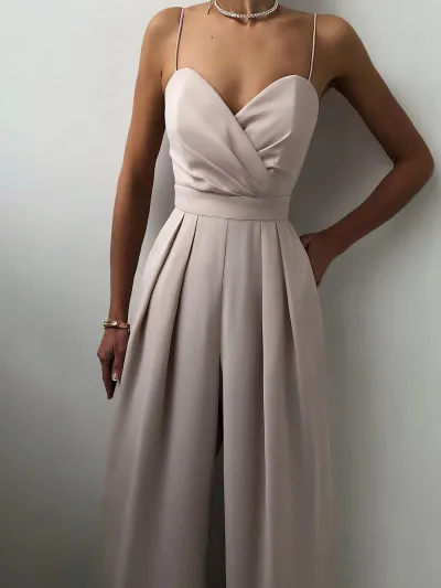 Women's Elegant Solid Color Pleated Spaghetti Strap Loose Jumpsuit
