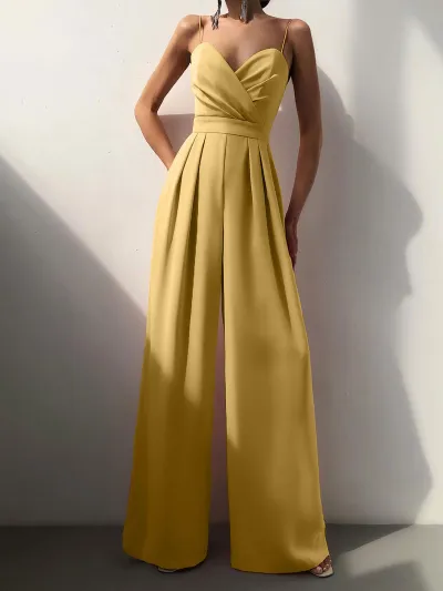 Women's Elegant Solid Color Pleated Spaghetti Strap Loose Jumpsuit