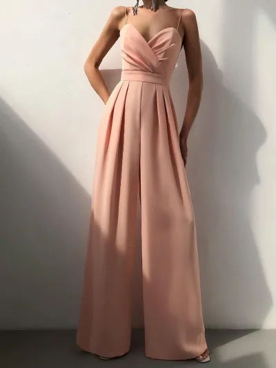 Women's Elegant Solid Color Pleated Spaghetti Strap Loose Jumpsuit