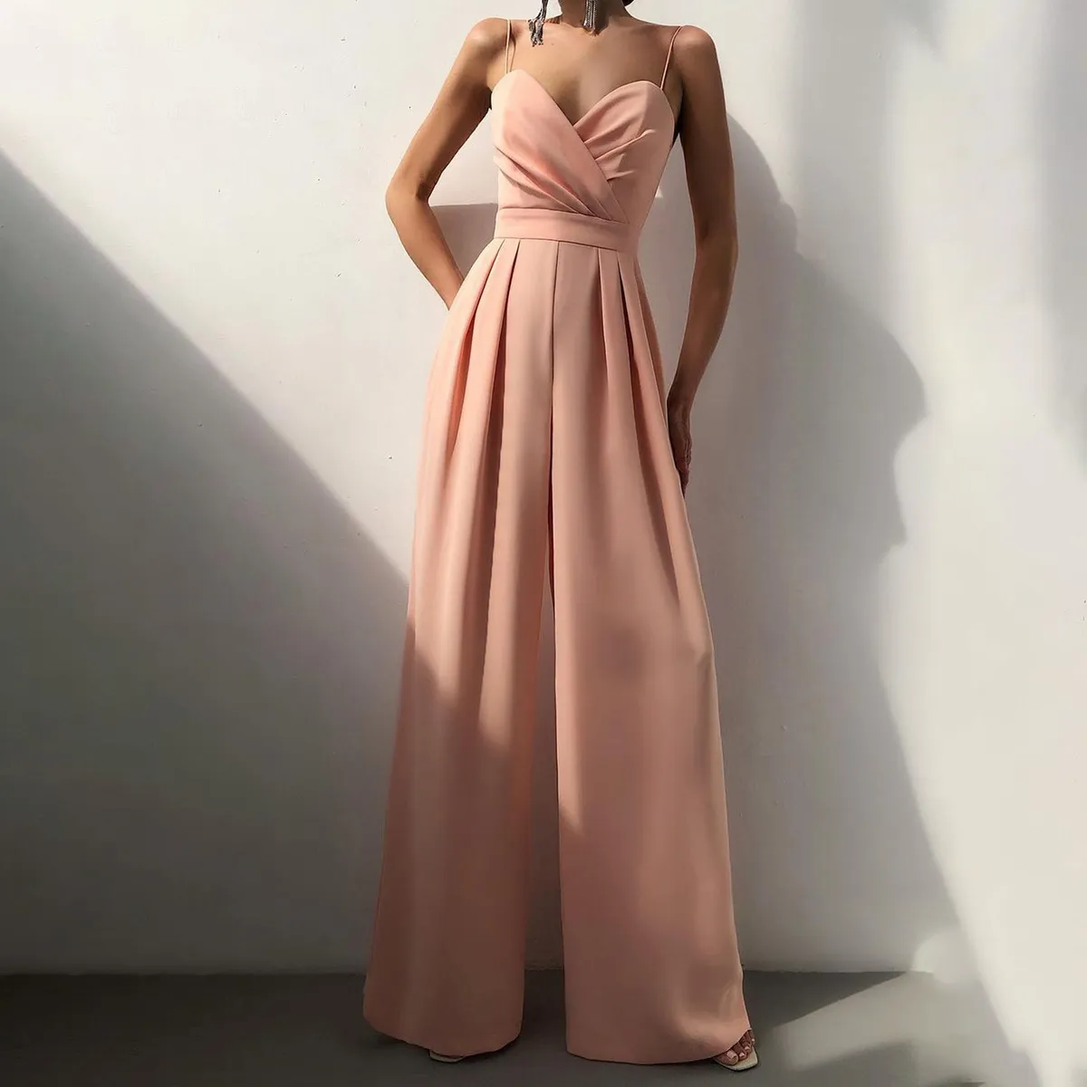 Women's Elegant Solid Color Pleated Spaghetti Strap Loose Jumpsuit
