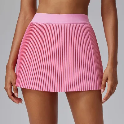 Women's Breathable Pleated Yoga Skirt Shorts - Solid Color Polyester Sportswear
