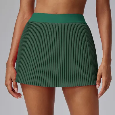 Women's Breathable Pleated Yoga Skirt Shorts - Solid Color Polyester Sportswear