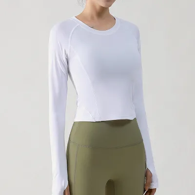 Women Casual Solid Color Long Sleeve Stitching Slim-Fit Breathable Yoga T-Shirt