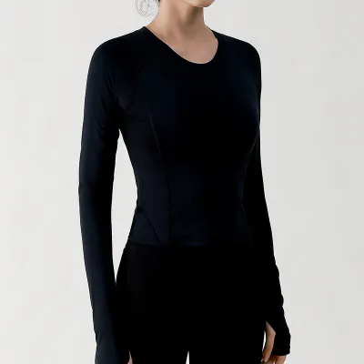 Women Casual Solid Color Long Sleeve Stitching Slim-Fit Breathable Yoga T-Shirt