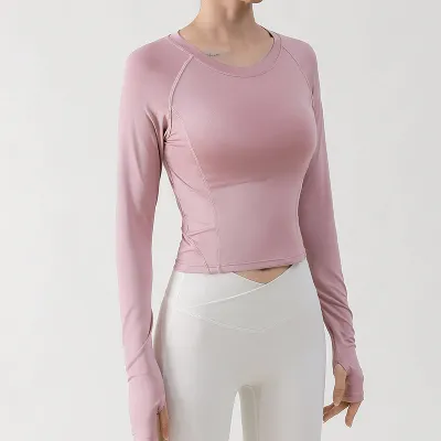 Women Casual Solid Color Long Sleeve Stitching Slim-Fit Breathable Yoga T-Shirt