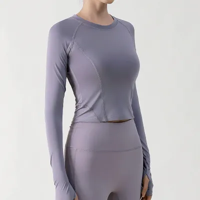 Women Casual Solid Color Long Sleeve Stitching Slim-Fit Breathable Yoga T-Shirt