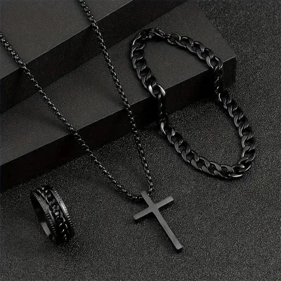 Fashion Hip Hop Cross Crown Roman Numeral Necklace Bracelet Ring 3 Piece Set