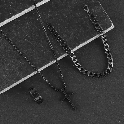 Fashion Hip Hop Cross Crown Roman Numeral Necklace Bracelet Ring 3 Piece Set