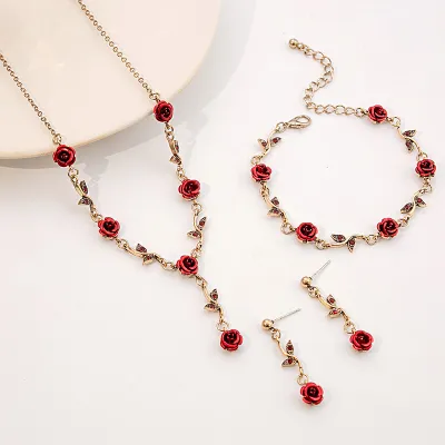 Vintage Rose Floral Jewelry Three-Piece Set