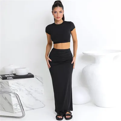 Women Fashion Solid Color Sleeveless Top And Midi Skirt Two-Piece Set