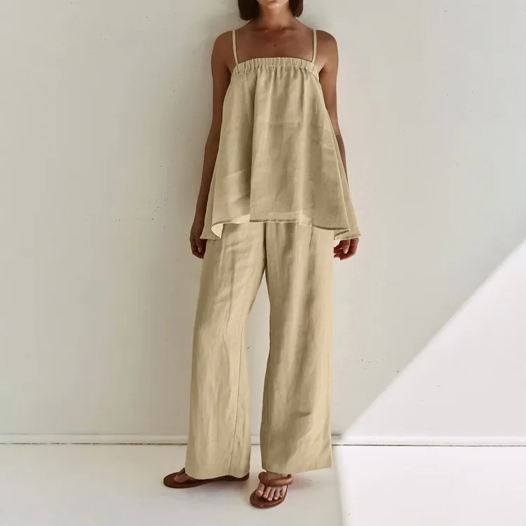 Women Fashion Solid Color Sling Top And Wide Leg Pants Set