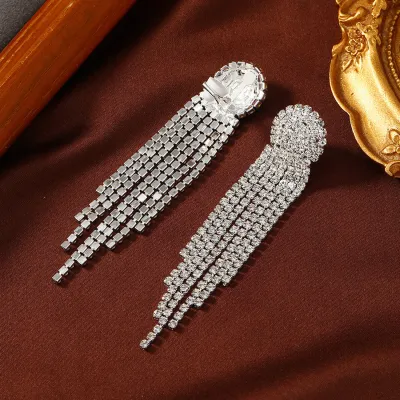 Women Fashion Long Tassel Rhinestone Pendant Earrings