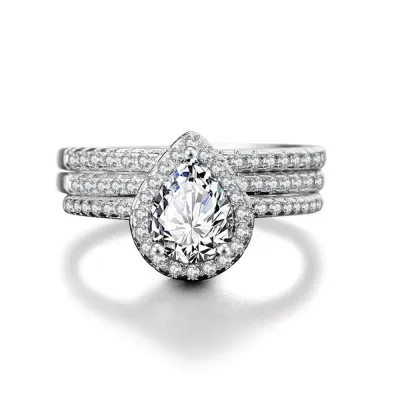 Women Fashion Drop-Shaped Zircon Copper Geometric Ring Three-Layer Set