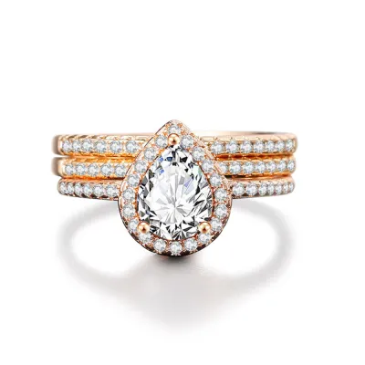 Women Fashion Drop-Shaped Zircon Copper Geometric Ring Three-Layer Set