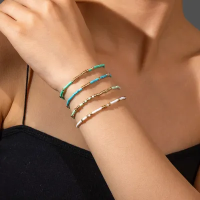 Women Fashion Boho Rice Beads Bracelet 4 Pieces Set