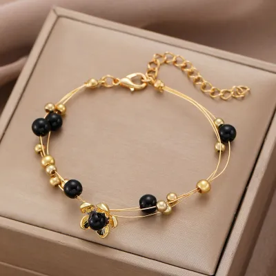 Women Fashion Retro Double-Layer Metal Beads Bracelet