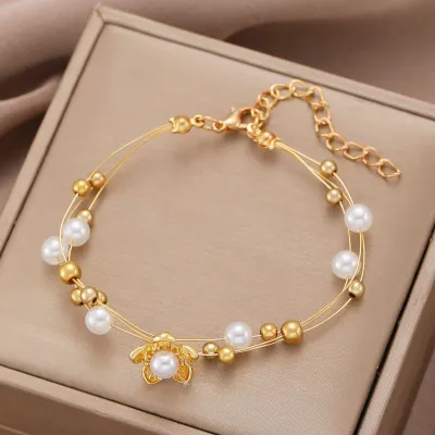 Women Fashion Retro Double-Layer Metal Beads Bracelet