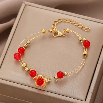 Women Fashion Retro Double-Layer Metal Beads Bracelet