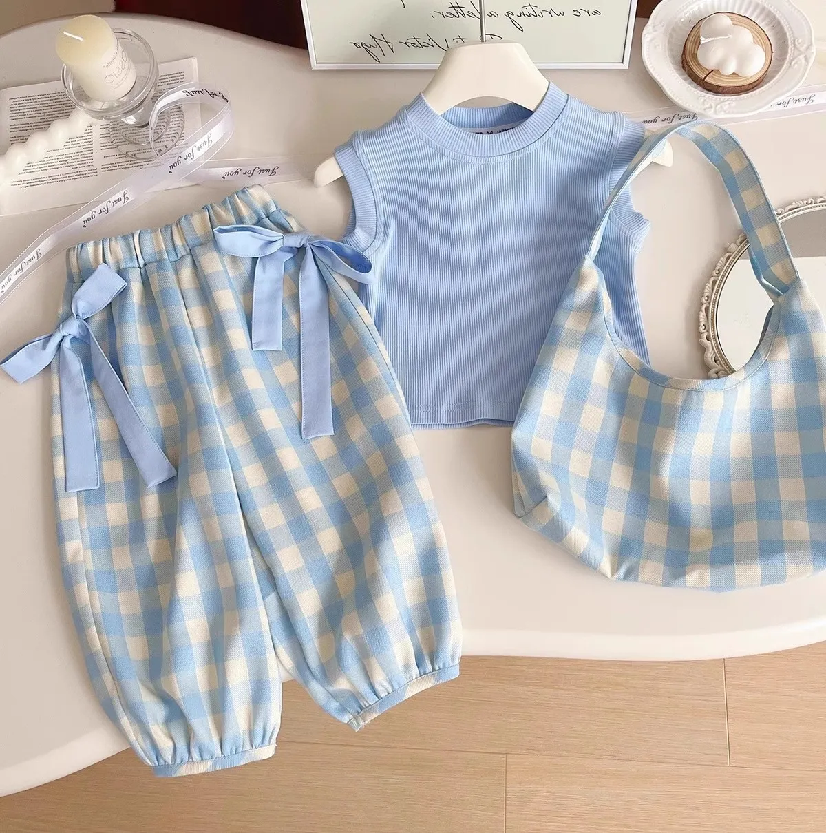 Girl'S Cotton Plaid Three-Piece Pants Set Sleeveless Pullover Long