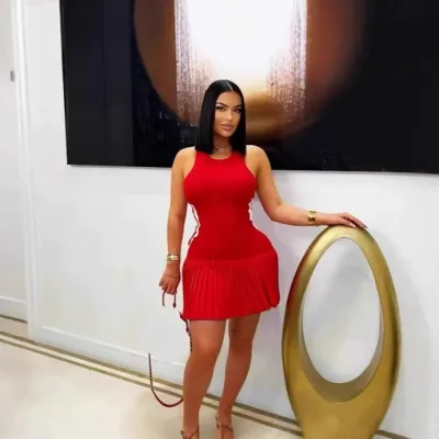 Women Fashion Sexy Color Block Thread Pleated Round-Neck Sleeveless Slim Fit Dress