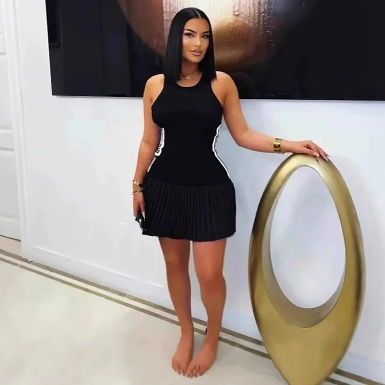 Women Fashion Sexy Color Block Thread Pleated Round-Neck Sleeveless Slim Fit Dress
