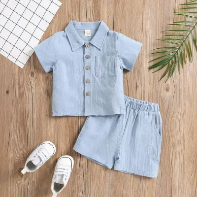 Boys Simple Solid Color Short Sleeve Top and Shorts Two-Piece Set Cotton Hemp Leisure