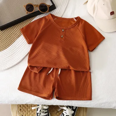 Boys' Simple Solid Color Short-Sleeved Top and Shorts Two-Piece Set - Casual Pullover Outfit for 3-14T