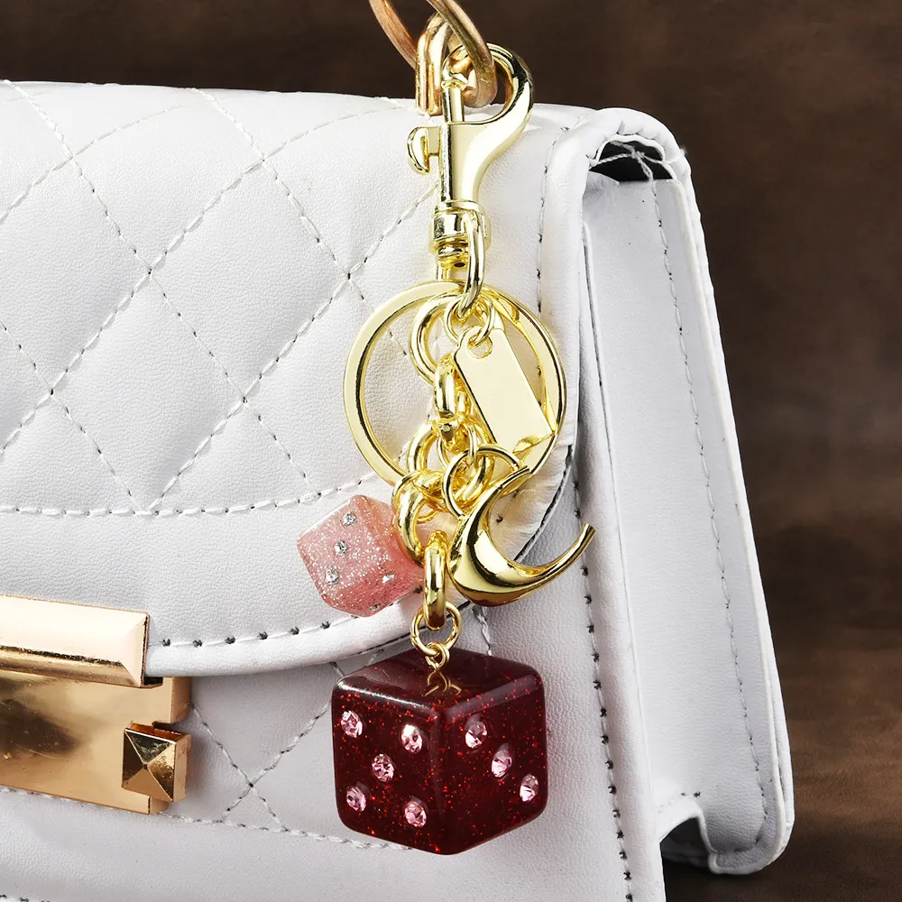Women Fashion Pink Dice Crystal Glue Dropping Pendant Keychain