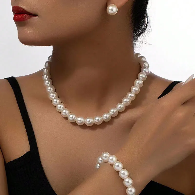 Fashion Elegant 8mm Imitation Pearl Jewelry Three-Piece Set