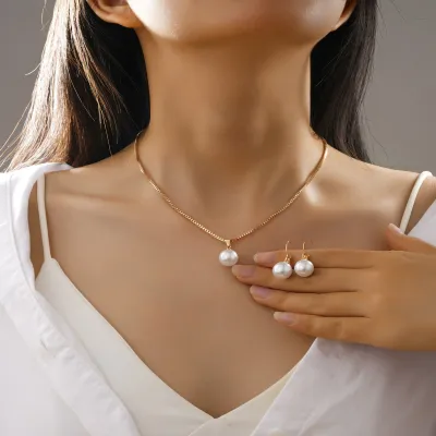Fashion Pearl Necklace Earrings Two-Piece Set Alloy Simple