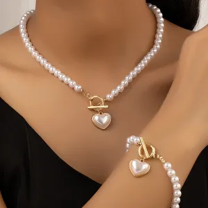 Fashion Elegant Pearl Heart-Shaped Jewelry Two-Piece Set