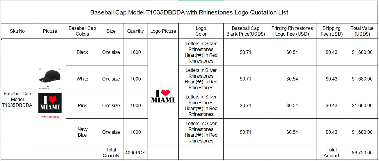 Baseball Cap Model T1035DBDDA with Rhinestones Logo Printing Fee