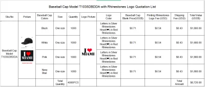 Baseball Cap Model T1035DBDDA with Rhinestones Logo Printing Fee