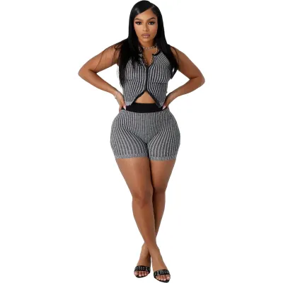 Women Fashion Sexy Stripe Knitted Sleeveless Tank Top Tight Shorts Two-Piece Set