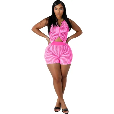 Women Fashion Sexy Stripe Knitted Sleeveless Tank Top Tight Shorts Two-Piece Set