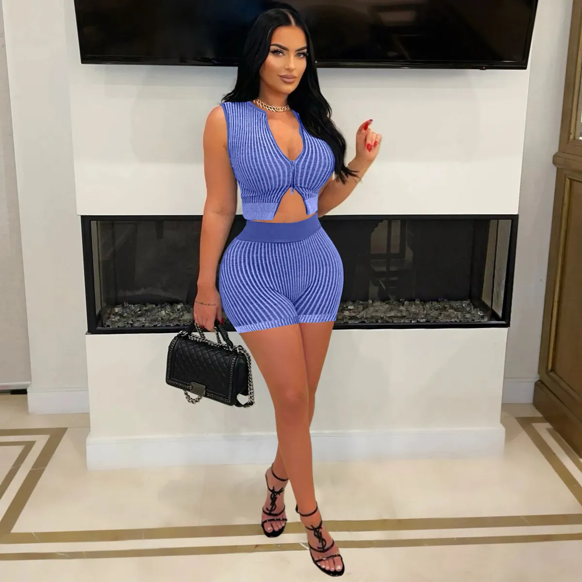 Women Fashion Sexy Stripe Knitted Sleeveless Tank Top Tight Shorts Two-Piece Set