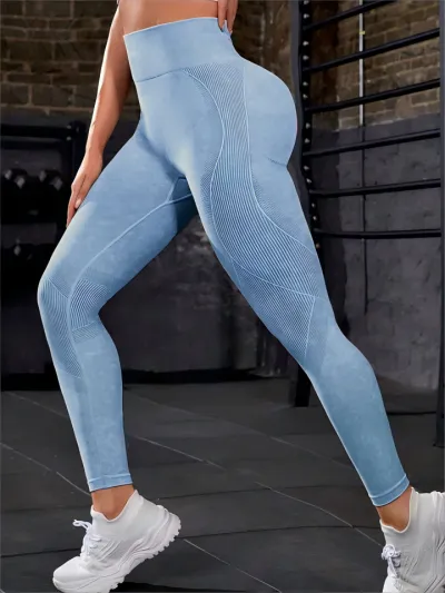Women High Waist Sports Leggings Chemical Fiber Blending Solid Color