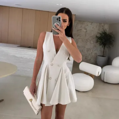 Women Fashion Elegant Solid Color V-Neck Sleeveless High Waist Dress