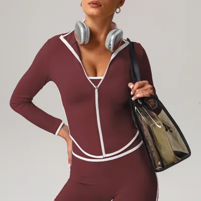 Women's Casual Contrast Color Long Sleeve Quick-Dry Yoga Jacket