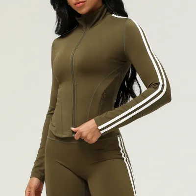 Women Casual Contrast Color Long-Sleeve Zipper Sports Yoga Slim Fit Jacket
