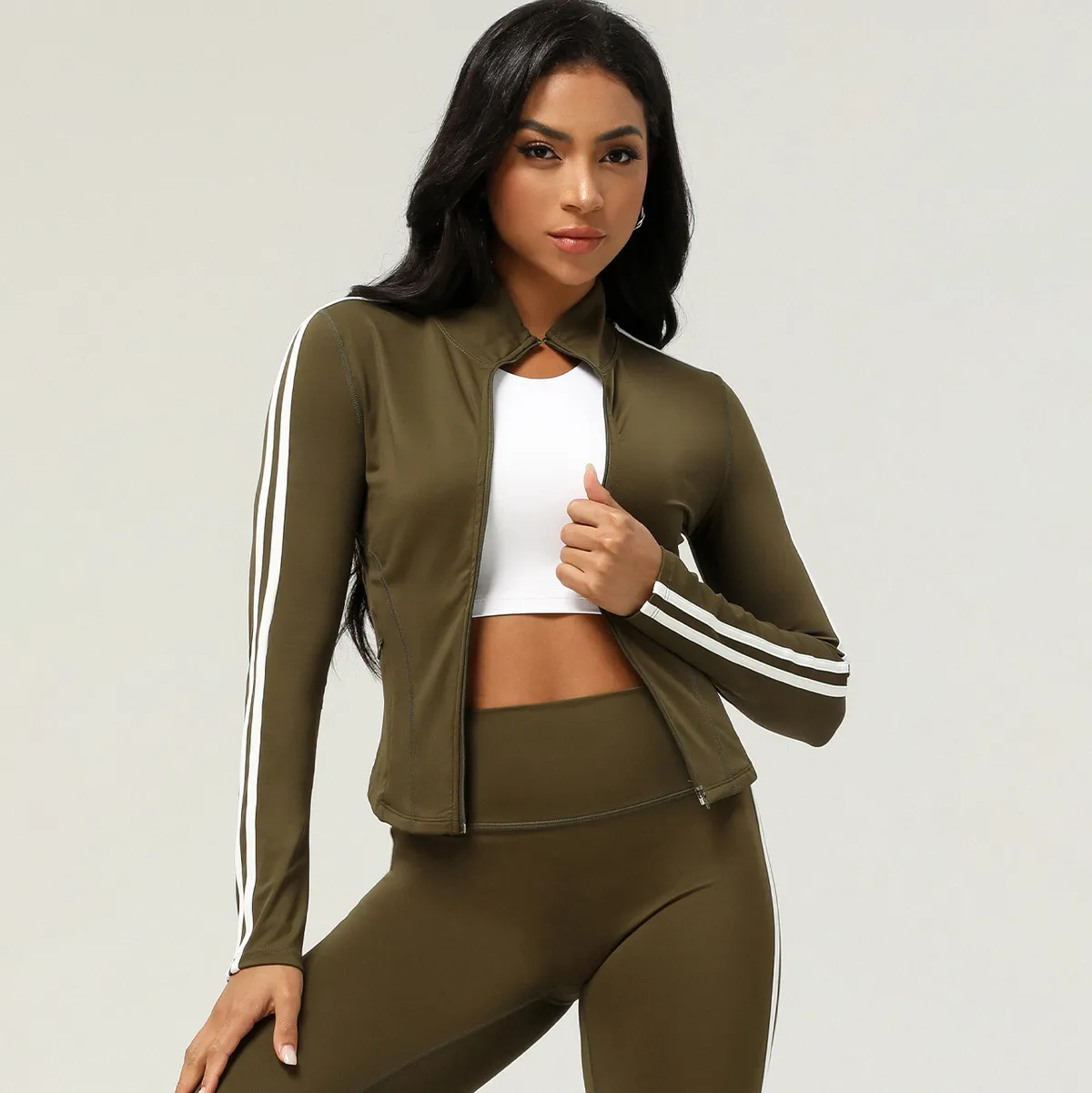 Women Casual Contrast Color Long-Sleeve Zipper Sports Yoga Slim Fit Jacket