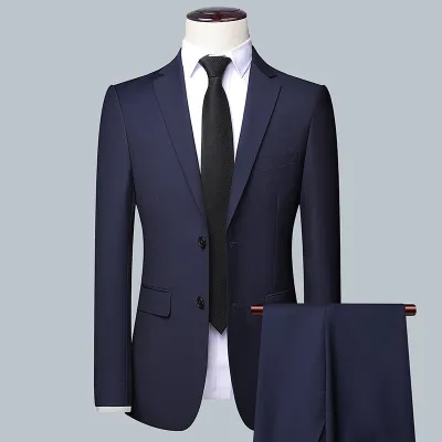 Men Business Casual Non-Ironing Anti-Wrinkle Lapel Long-Sleeve Coat Slim Pants Two-Piece Set