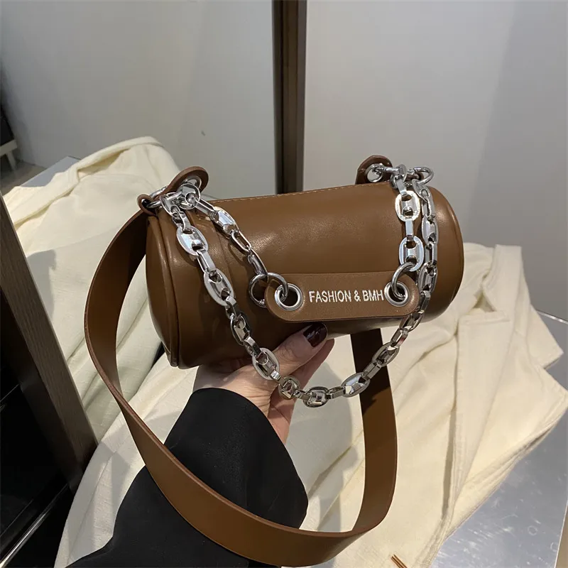 Women Fashion Casual Solid Color Chain Cylindrical Crossbody Bag