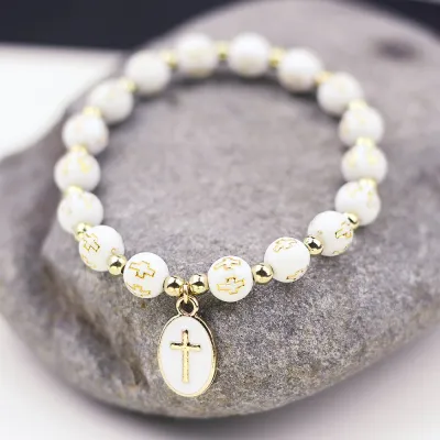 Women Fashion Oval Cross Pendant Beads Bracelet Alloy Geometric Original Design