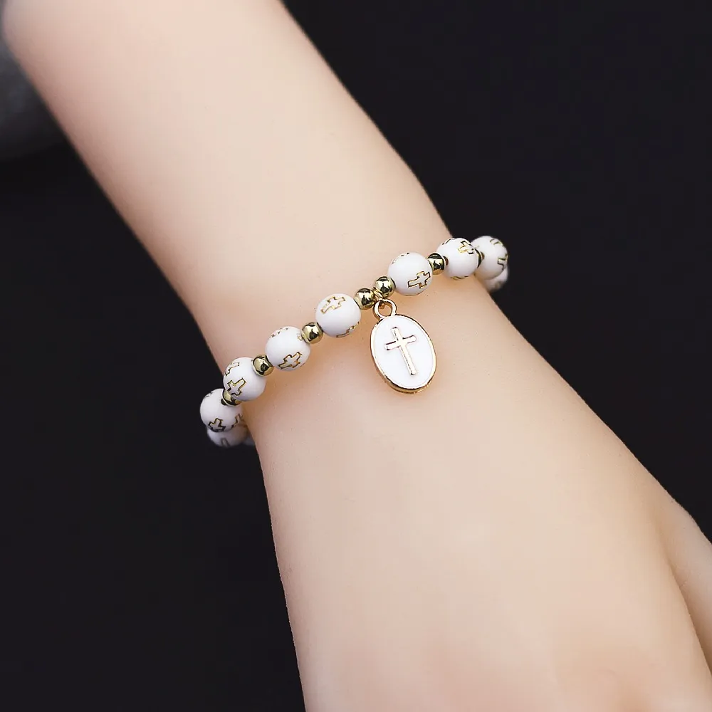 Women Fashion Oval Cross Pendant Beads Bracelet Alloy Geometric Original Design