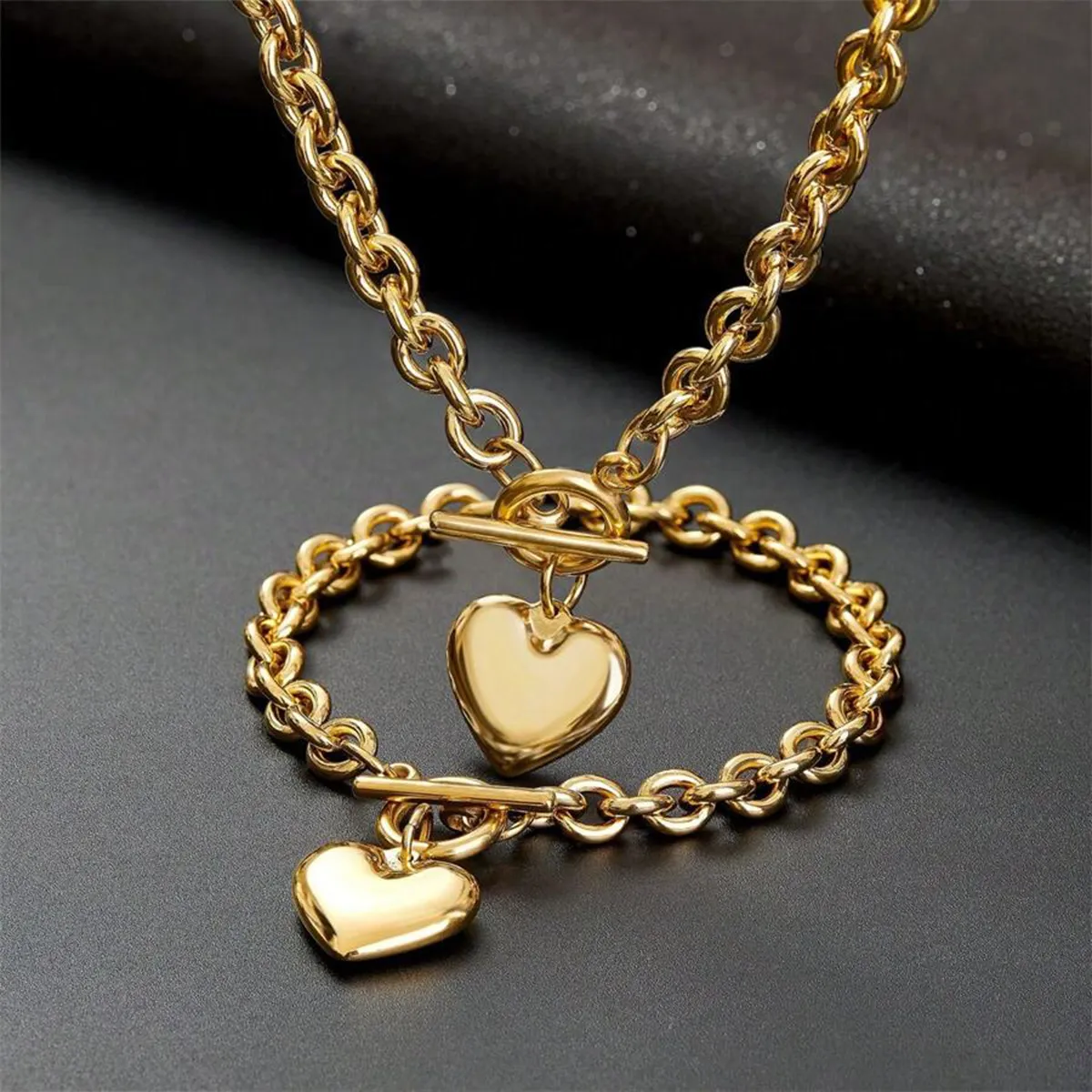 Women Fashion Simple Heart Shaped Titanium Steel Necklace Bracelet Set
